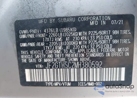 2021 Subaru Crosstrek Sport z USA, uszkodzony, nr VIN JF2GTHSC2MH380592